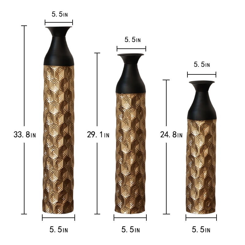Aukfa Metal Decorative Tall Floor Vase,Set of 3 Large glazed Vases,24.8"/ 29"/33.8" H,Gold