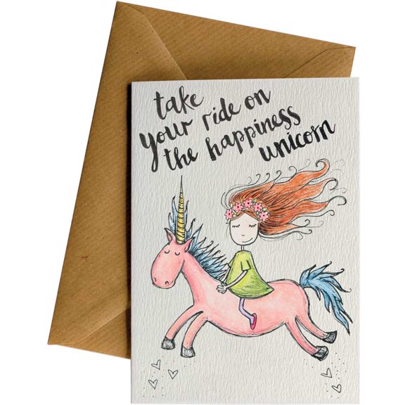 Unicorn Happiness Greeting Card "Take Your Ride on the Happiness Unicorn" Design Blank Inside, Envelop Included Perfect for Encouragement, Birthdays, and Cheerful Wishes