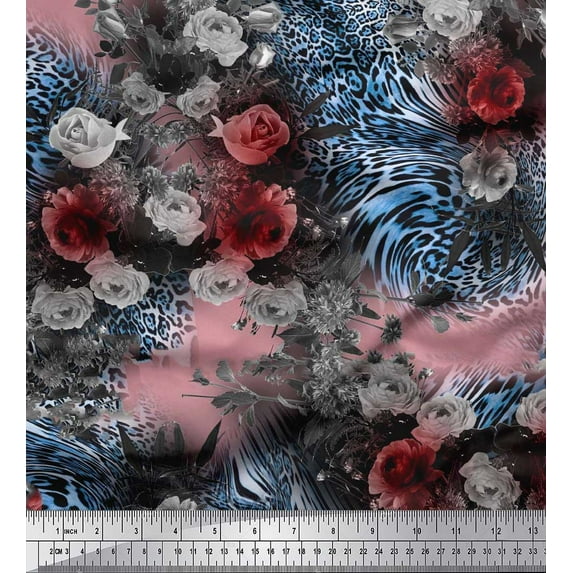 Soimoi Cotton Voile Fabric Leopard Skin,Dahlia & Rose Flower Print Fabric by The Yard 56 Inch Wide