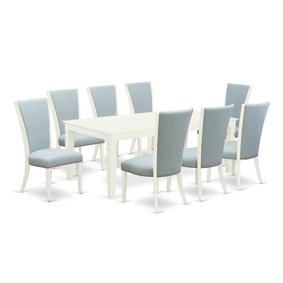 East West Furniture East-West Furniture LGVE9-LWH-15 - A modern dining table set of 8 wonderful parson chairs with Linen Fabric Baby Blue color and a beautiful dining table with Linen White color