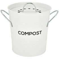 Spigo Steel Kitchen Compost Bin With Vented Charcoal Filter and Bucket, White, 1 Gallon