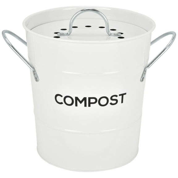 Spigo Steel Kitchen Compost Bin With Vented Charcoal Filter and Bucket, White, 1 Gallon