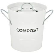 Spigo Steel Kitchen Compost Bin With Vented Charcoal Filter and Bucket, White, 1 Gallon