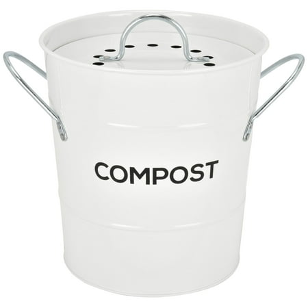 Spigo Steel Kitchen Compost Bin With Vented Charcoal Filter and Bucket, White, 1 Gallon