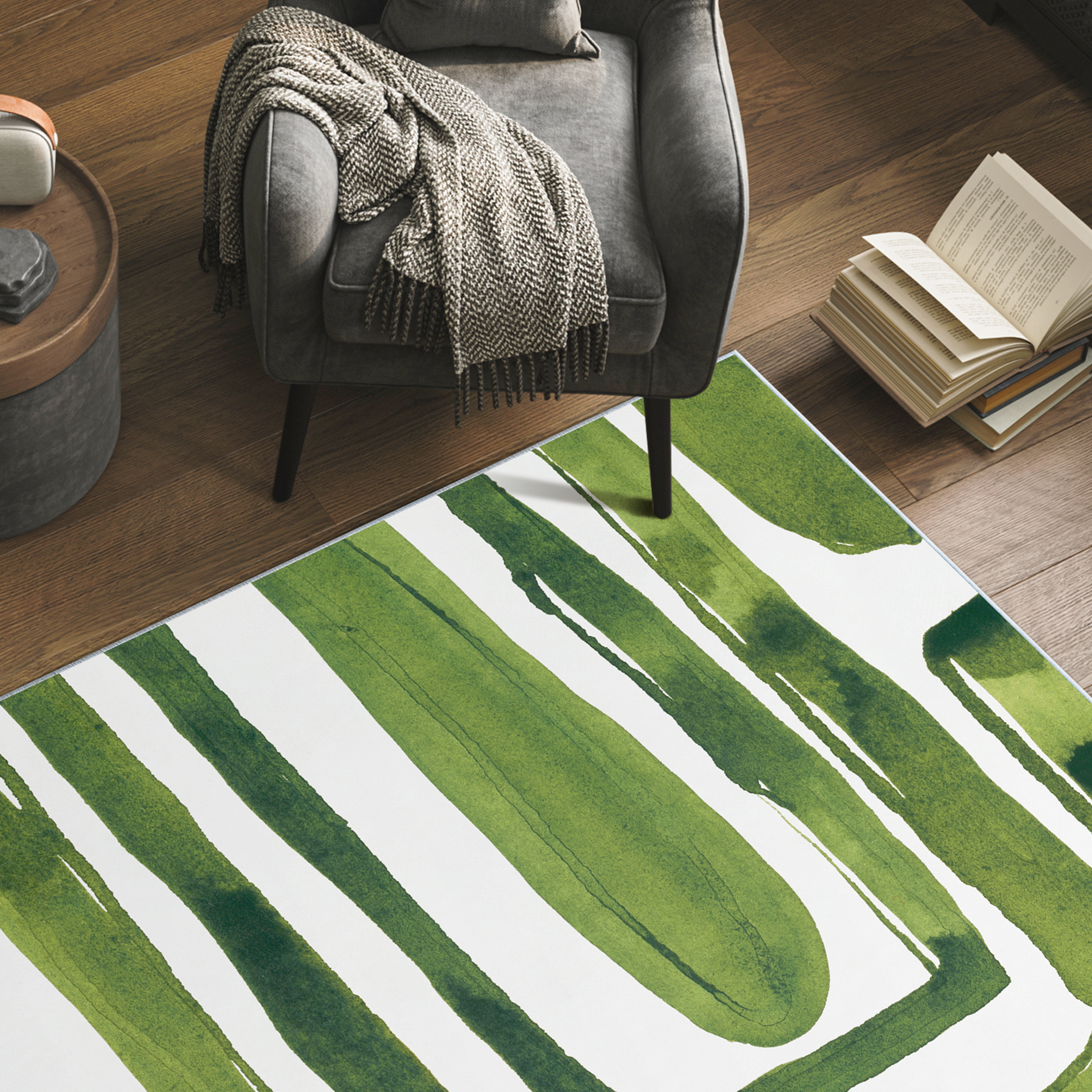 Green Labyrinth II Washable Abstract Art Area Rug size 5'x8'