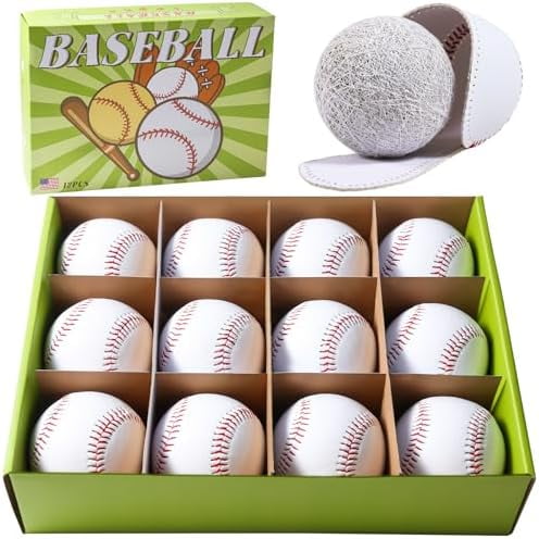 12 Pack Standard Size Adult Baseballs - 9 inch Unmarked & Leather Covered Training Ball Practice Baseball for League Play, Pitching, Hitting, Batting, Fielding, Autograph