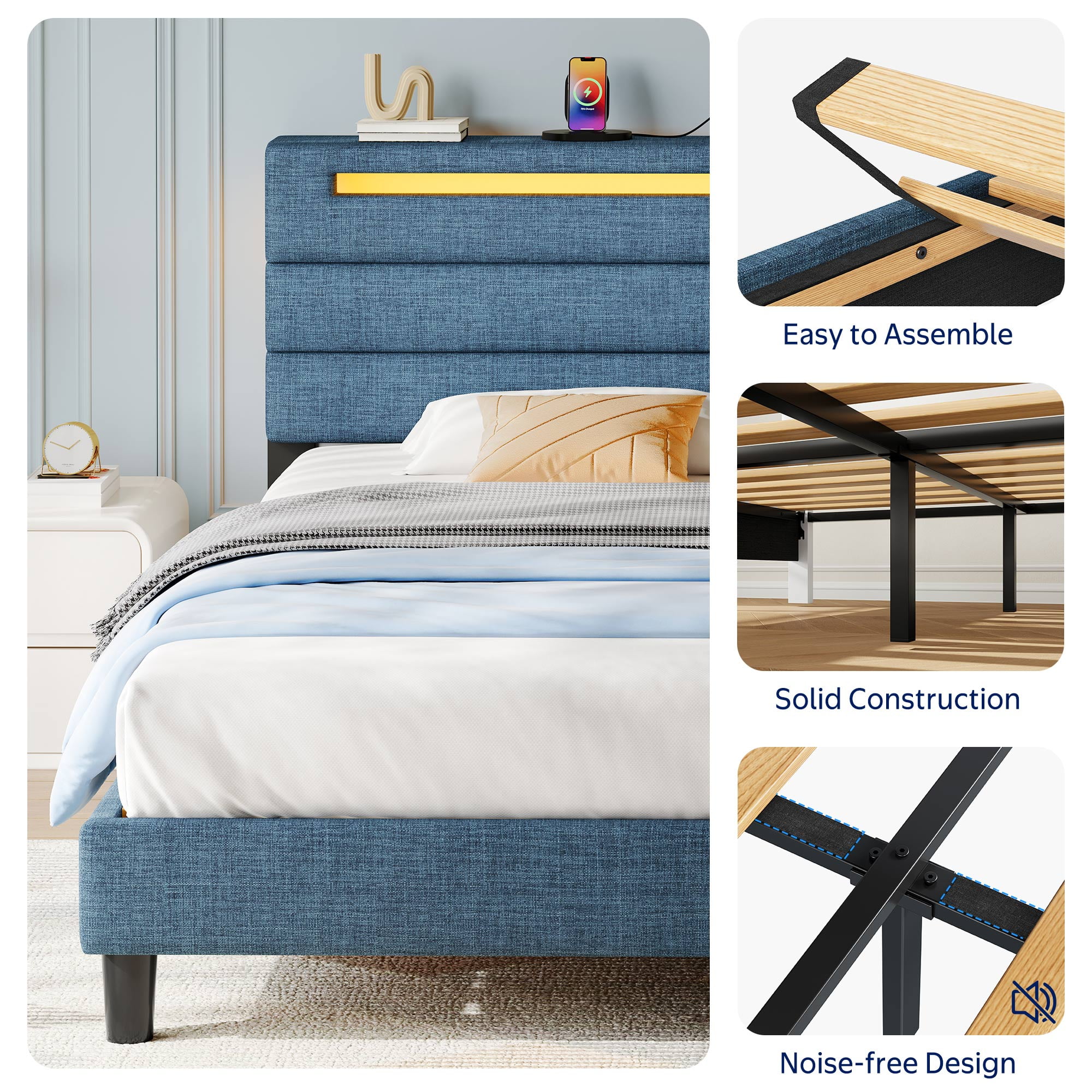Greenstell Full Size Bed Frame with Upholstered Storage Headboard and LED Light, Bed Platform with Charging Station, USB Ports, Under-bed Storage, Blue
