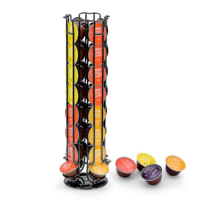 capsule holder for 32 dolce gusto capsules, holder for storing coffee capsules, non-slip base, rotatable, black Front-facing black chrome metal rotating tower for 32 Dolce Gusto capsules with four vertical levels and round openings revealing assorted colored pods, felt scratch-resistant non-slip base, 360° swivel dispensing from the bottom, measures 5.25 x 5.25 x 17 inches, space-saving countertop organizer for home kitchen; no pods included; also suitable for storing travel-size capsule samples.