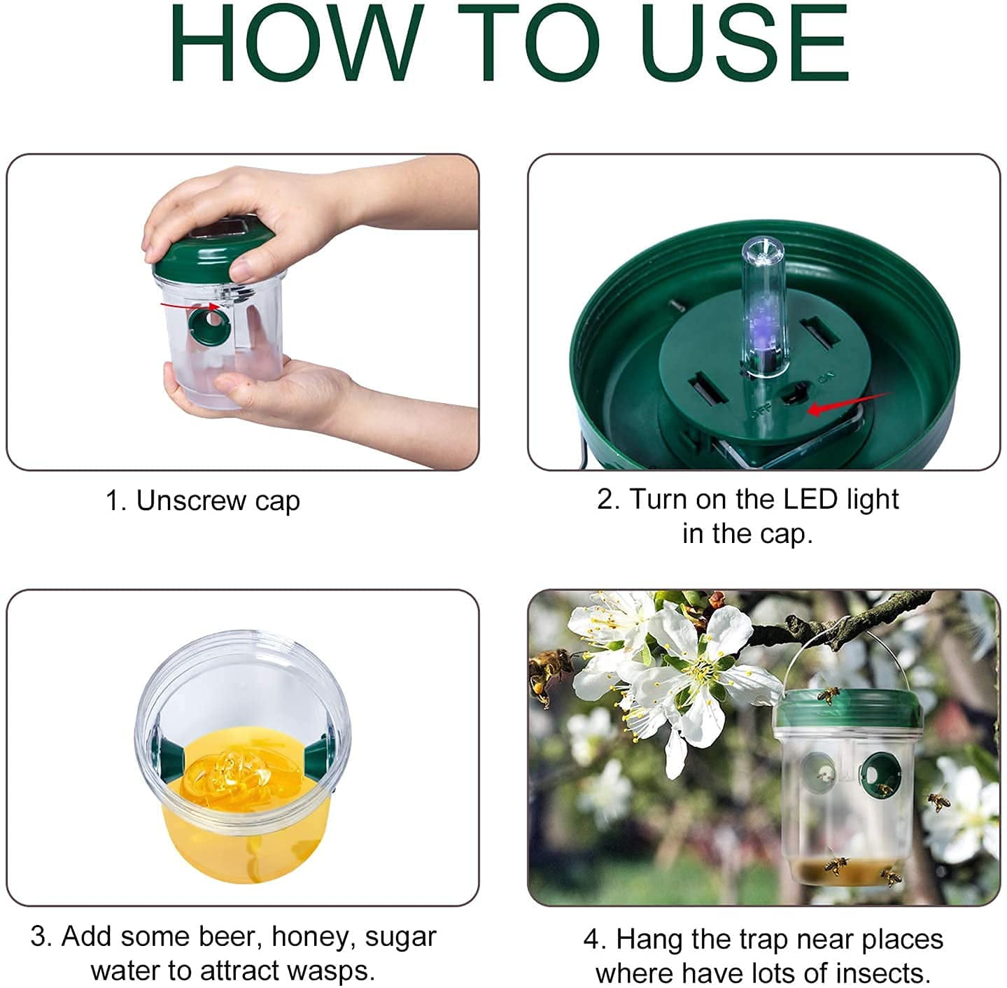 2 Pack Solar Wasp Traps Solar Powered Wasp Killer Hanging with UV LED Light Reusable Bee Trap Catcher Outdoor for Hornets