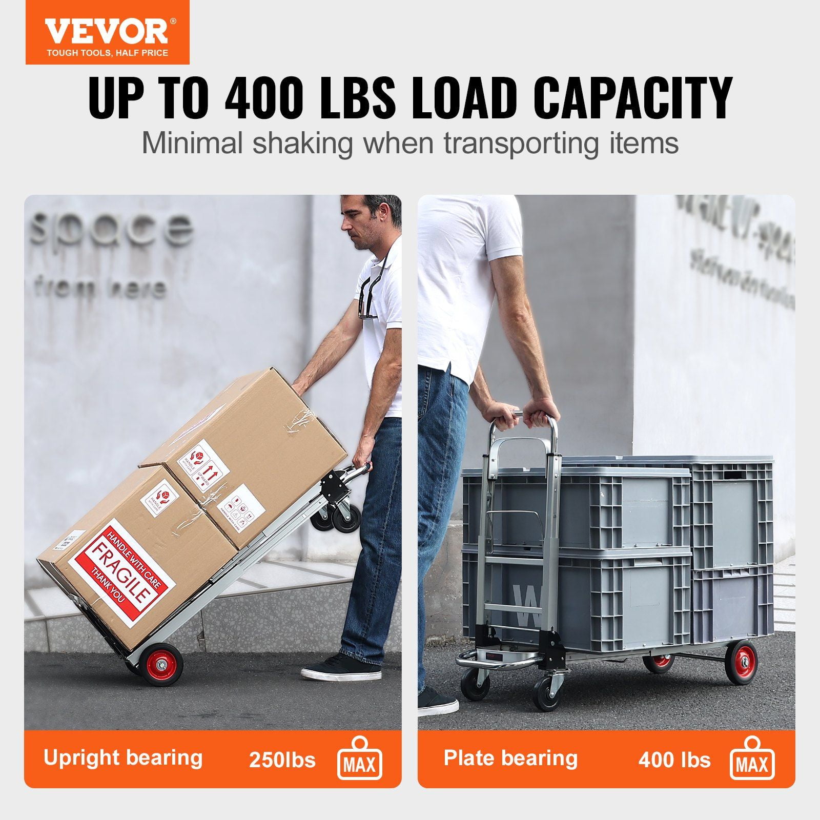 400 lbs Capacity Aluminum Folding Hand Truck, 2 in 1 Heavy Duty Collapsible Dolly Cart with Rubber Wheels, Multi-Purpose Transport Cart for Warehouse, Supermarket, Garden