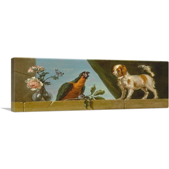 ARTCANVAS Parrot Dog On Stone Ledge Alongside a Vase Of Flowers a Green Curtain Canvas Art Print by Jean Baptiste Oudry - Size: 36" x 12" (1.50" Deep)
