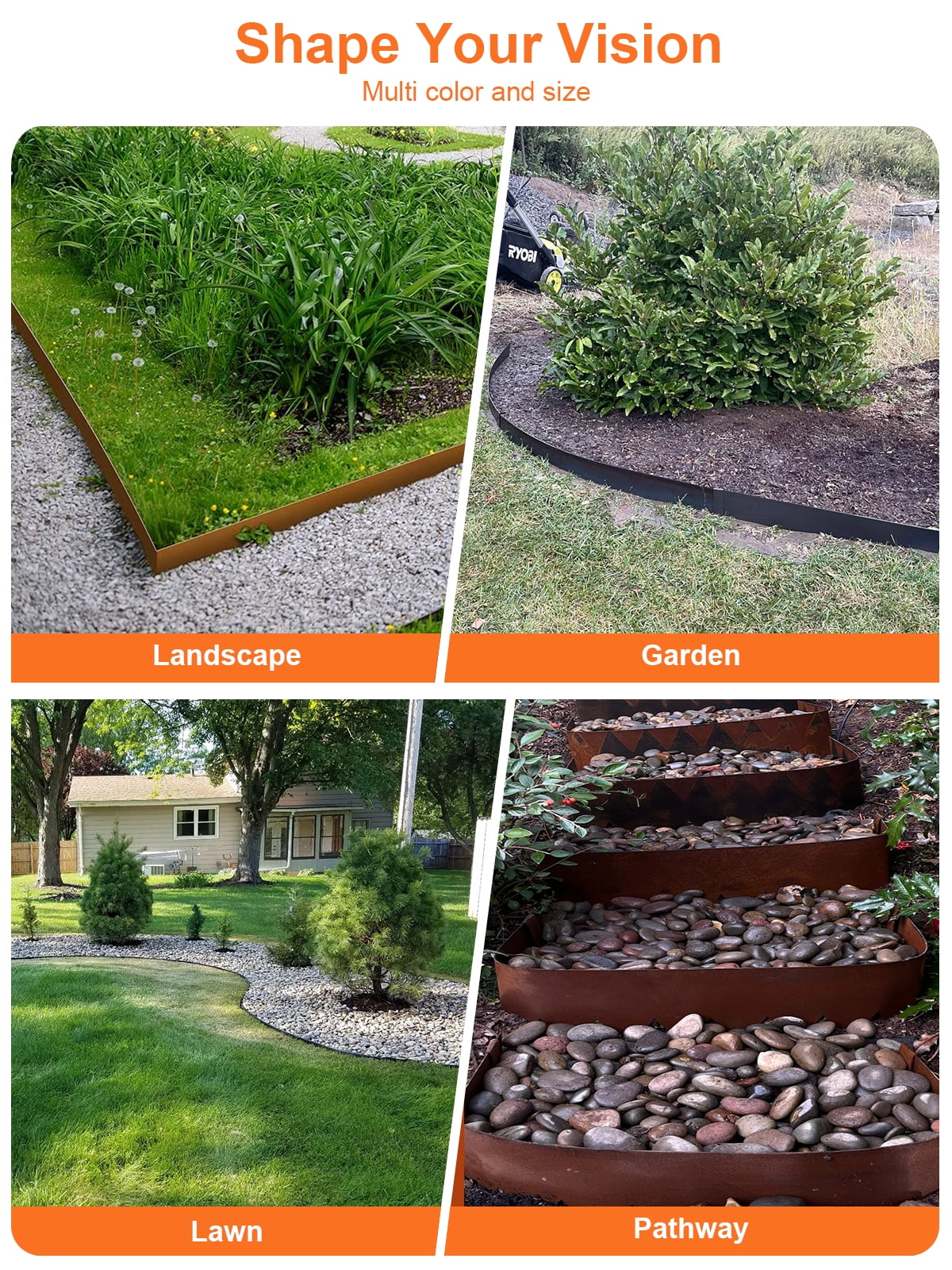 Vinci Landscape Edging Border, 40" L x 4" H 3Pack 10FT Total Rusted Corten Steel Garden Edging with Spikes, Sturdy Elegant Metal Lawn Broder for Flower Beds, Pathways, Paver Edges and Yard