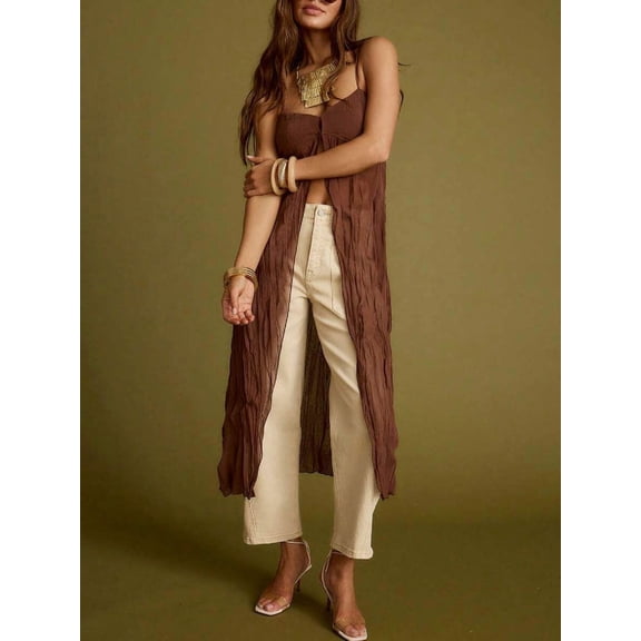 Brown Front Split Long Cover-Up Dress With Spaghetti Straps And V-Neck Flowy Cami Top