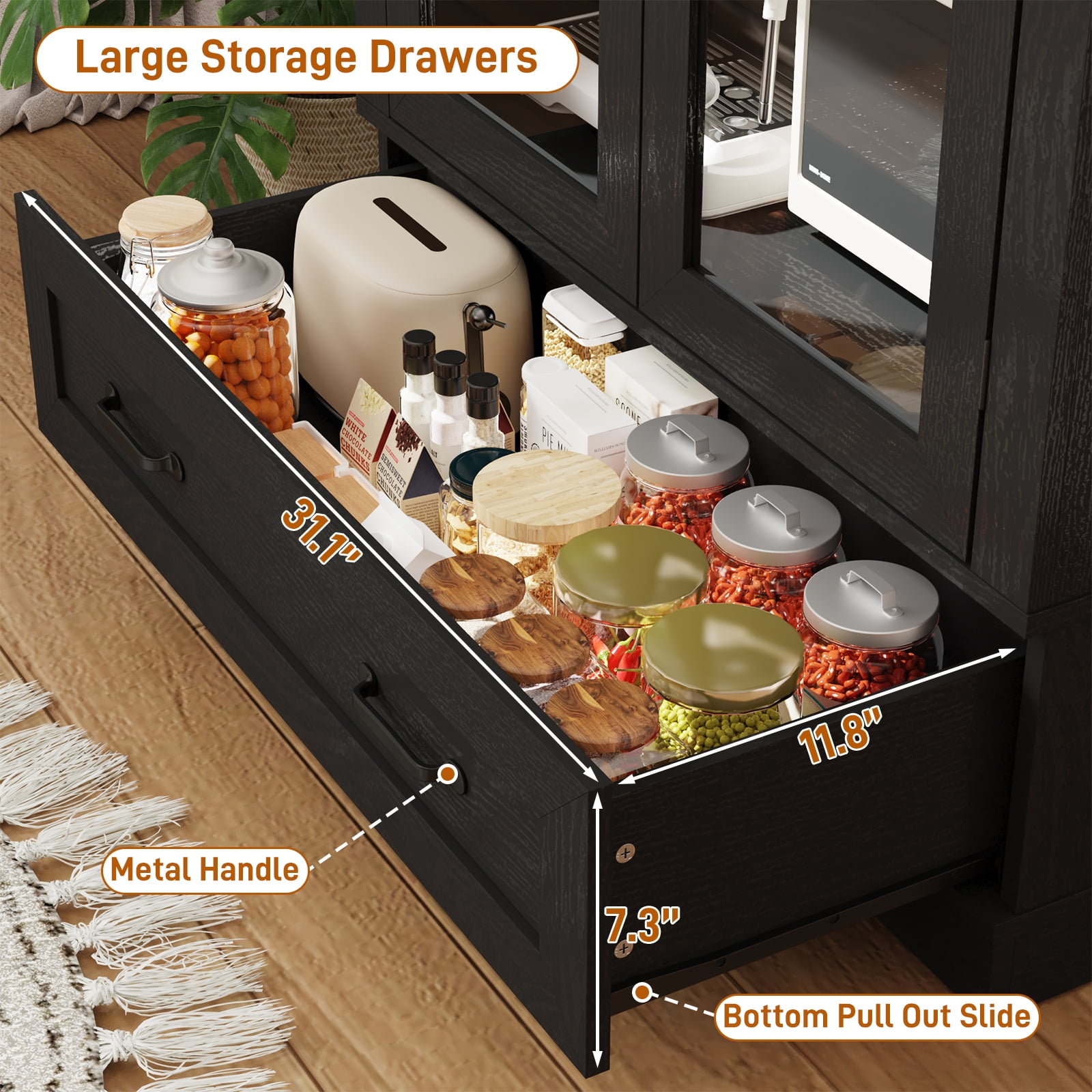 Blotout 75" Tall Arched Kitchen Pantry Storage Cabinet, Farmhouse Wood Pantry Arched Cabinet with Drawer, Glass Door and Load-Bearing Steel Pipe for Dining Room Living Room