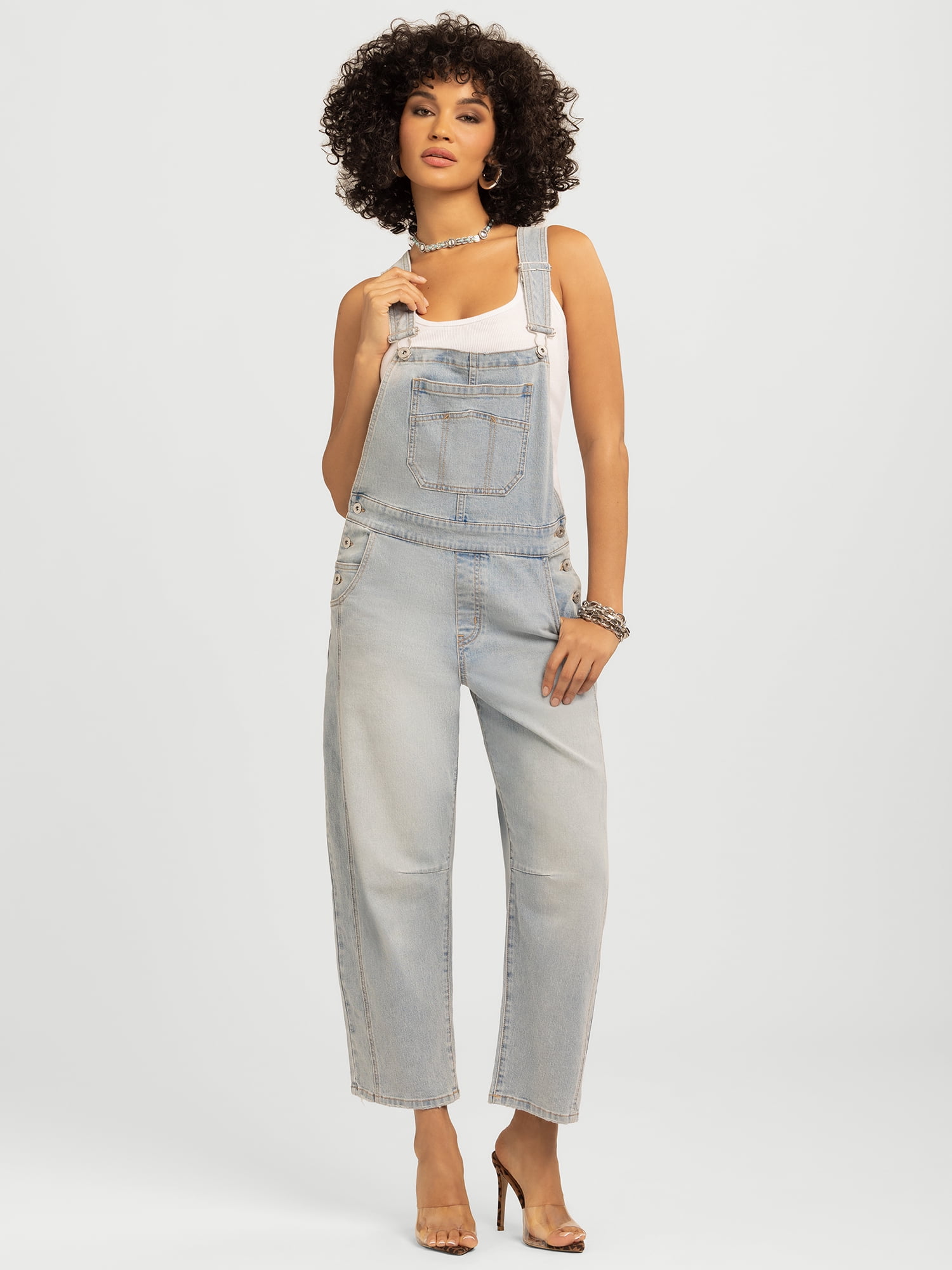 Jessica Simpson Women's Cropped Barrel Leg Denim Overalls, 26
