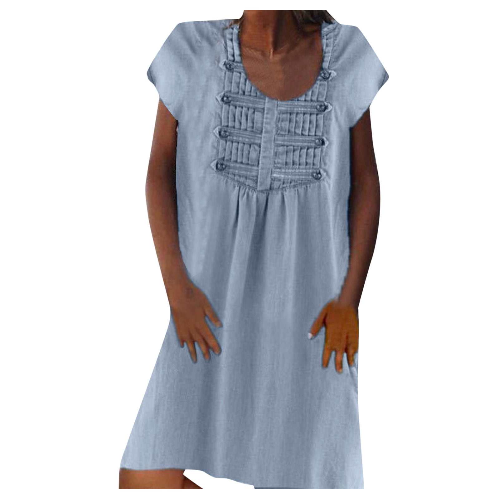 Leutsin Women's Button V-neck Medium Length Denim Short Sleeve Plus Size Maxi Dresses