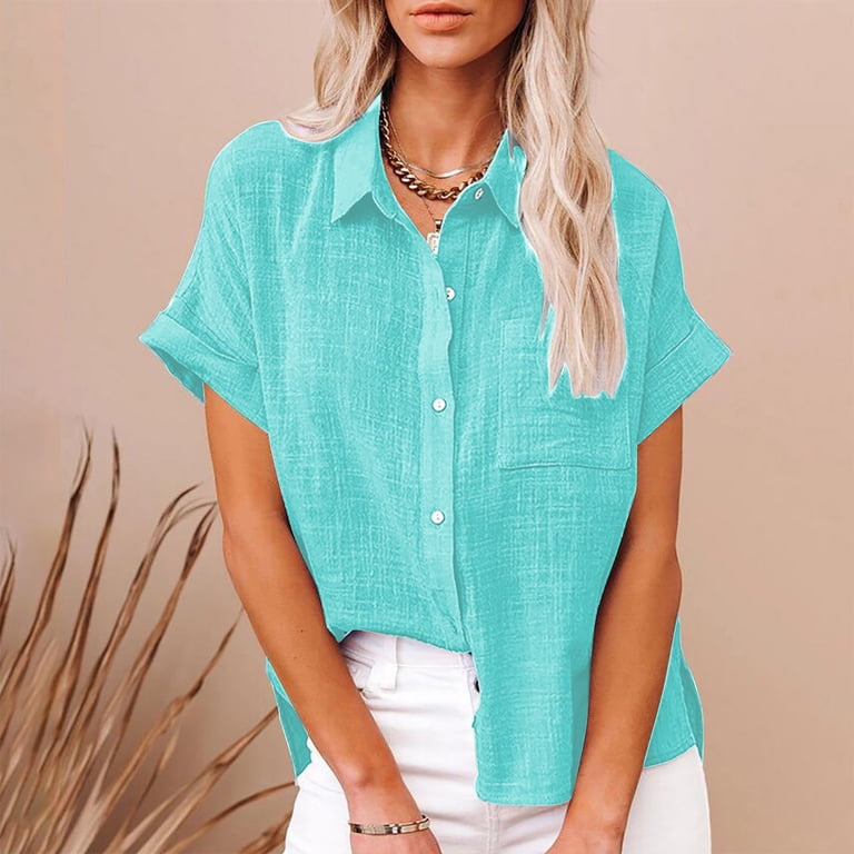 FAVIPT Linen Shirts for Women Button Down Tops Summer Short Sleeve Cotton Linen V Neck T-Shirt Solid Color Side Split Casual Gauze Tunic Blouses Plus Size 2025 Hot Pink,M
