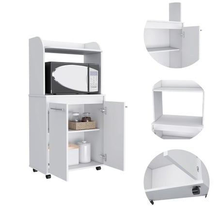 Kitchen Cart - White Double Door Cabinet For Keeping Stuff One Open Shelf Two Inner Shelves Countertop Caster Wheels Organizing Belongings