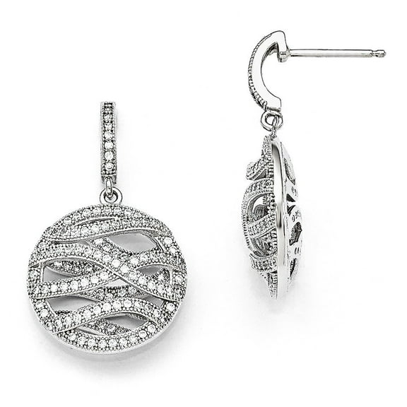 Sterling Silver and Cubic Zirconia Polished Round Dangle Post Earrings - Measures 28x19mm Wide