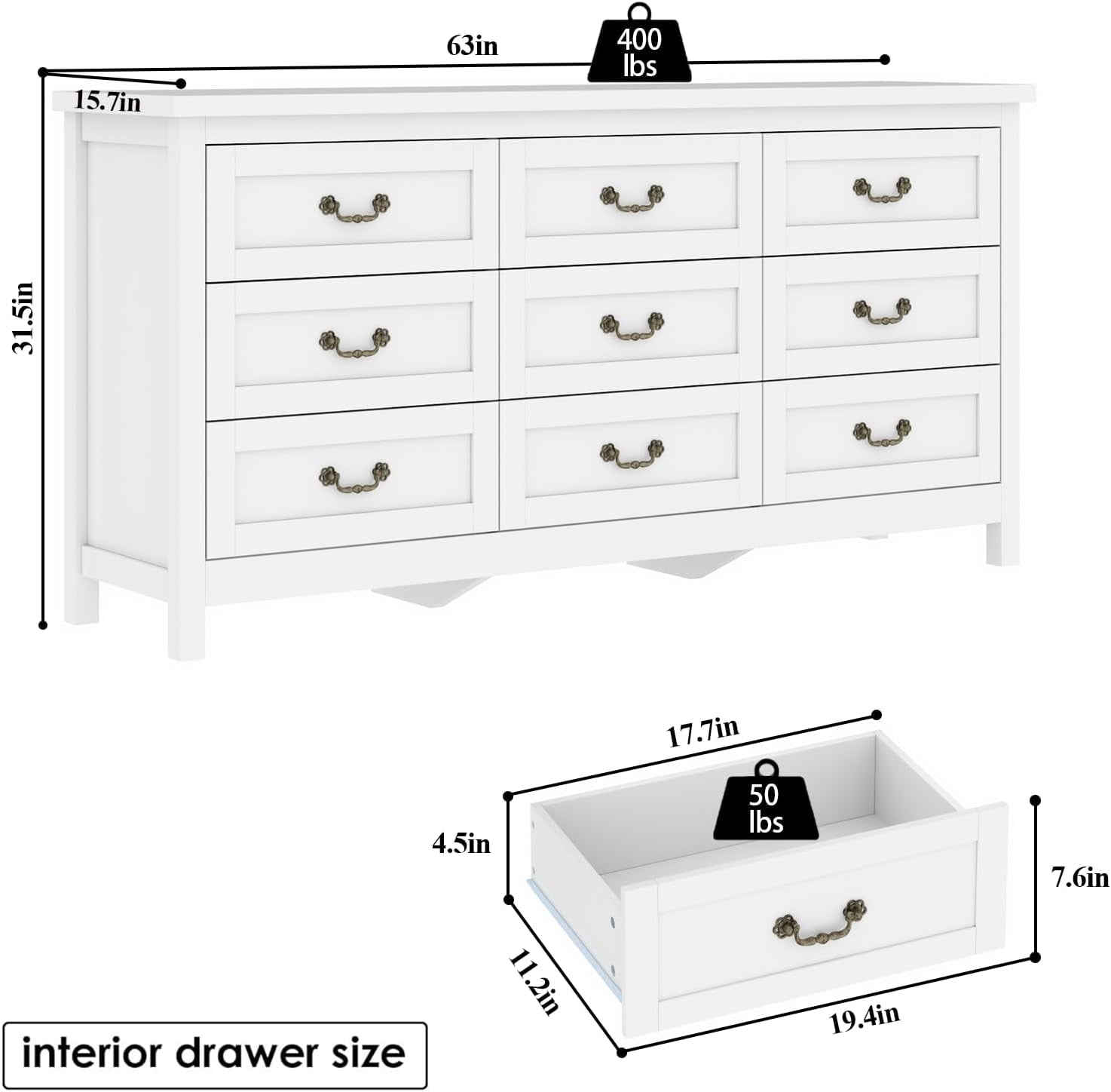 9-Drawer Triple Dresser for Bedroom, 63" TV Stand for TVs up to 75", Wide Chest of Drawers, Large Storage Long Dresser Organizer with Vintage Pull, White – STIKELY