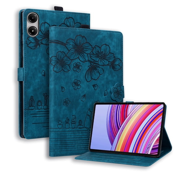 FJLBDE Case for Xiaomi Poco Pad M1 12.1 Inch with Stand, Card Slot, Embossed Flower PU Leather Folio Magnetic Cover with Pen Holder, Blue
