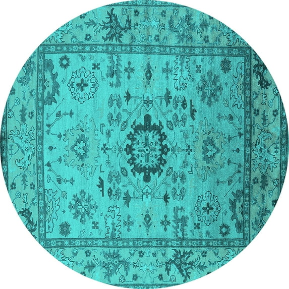 Ahgly Company Machine Washable Indoor Round Oriental Turquoise Blue Industrial Area Rugs, 4' Round