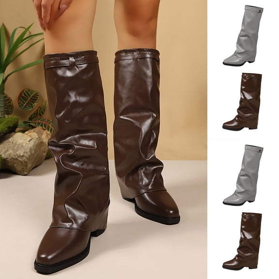 Knee High Boots for Women Fold Over Pointed Toe Tall Boots Block Low Heel Long Boots Gray 9.5(43)