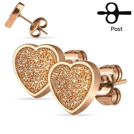 316L Stainless Steel Rose Gold Tone Heart Sand Glitter Stud Earrings Pair