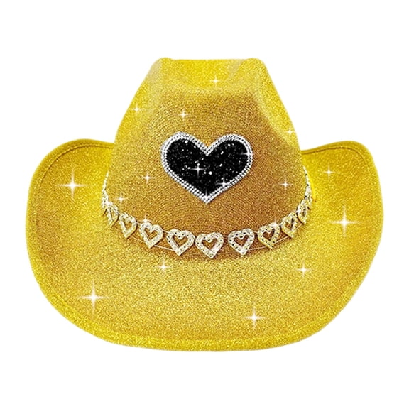 Gtoiithly Stylish Denim Cowboy Hat with Heart Design for Stage Shows and Festive Events Yellow