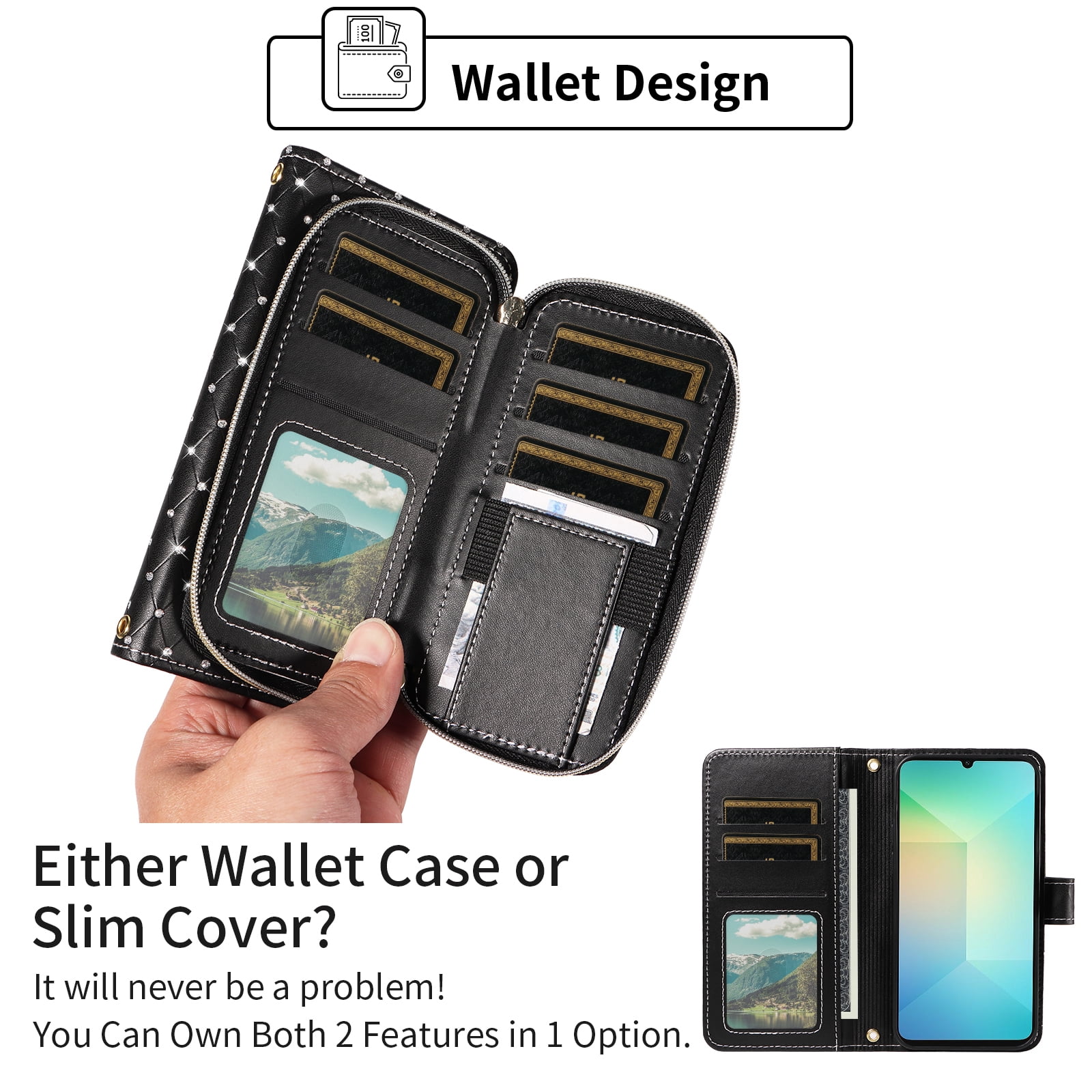 Asuwish Wallet Phone Case for Samsung Galaxy A06 5G and Tempered Glass Screen Protector Bling Glitter Crossbody Lanyard Strap Flip Zipper Purse Card Holder Cell Cover Ao6 A 06 4G LTE Women Men Black