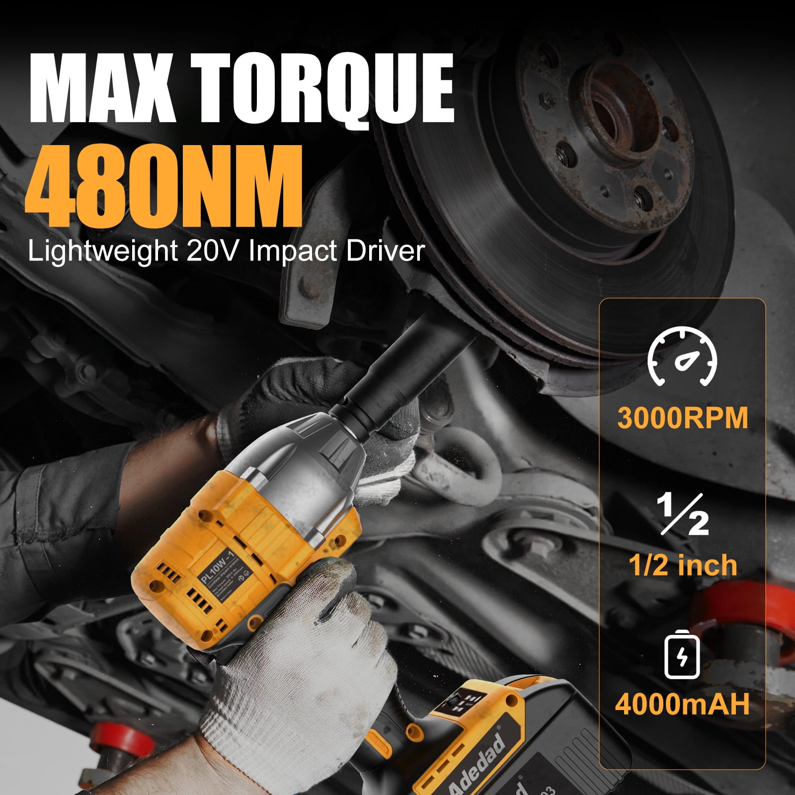 Adedad Brushelss Power Impact Wrench with 2x4.0AH Battery 1/2 inch Cordless Impact Gun Lightweight 20V Impact Driver for Car,Home,DIY 480N.m