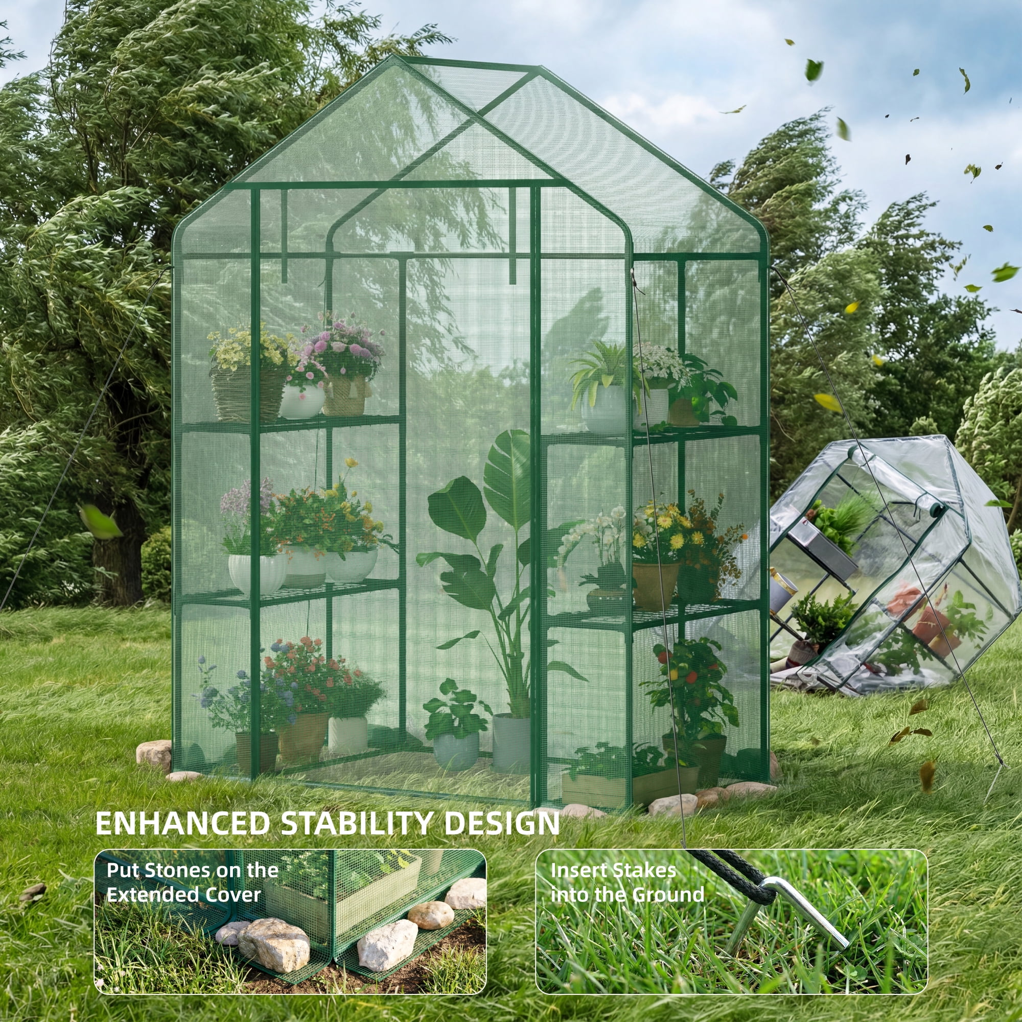 Biotree Greenhouses for Outdoors, Durable Green House Kit with Window, 3 Tiers 8 Shelves, Green