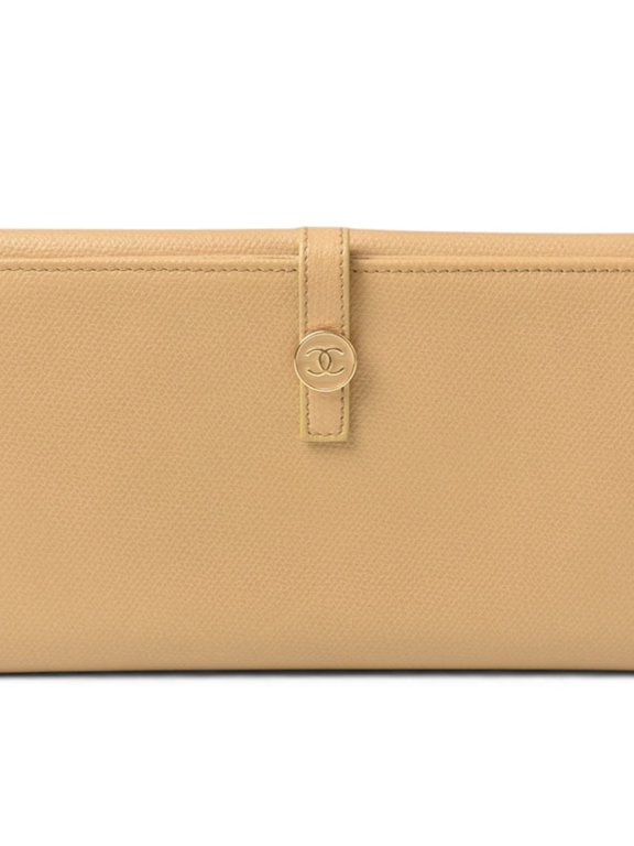 Pre-Owned Chanel wallet, CHANEL Coco Button bi-fold long leather, beige, women's.