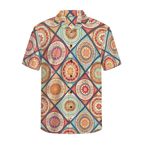 HELLHERO Loose Men's Short Sleeve Button Down Shirt, Loose Fitting Skin Friendly Men's Casual Shirt for Group Outdoor Activities Resort, Mandala Patchwork Pattern