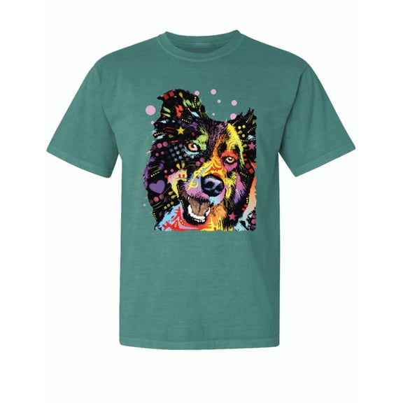 Wild Bobby,Neon Rainbow Happy Cute Dog Dog Lover Garment-Dyed Washed Look Short Sleeve Tees, Emerald, X-Large