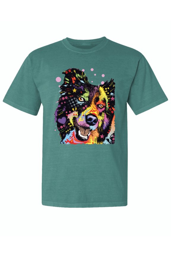 ,Neon Rainbow Happy Cute Dog Dog Lover Garment-Dyed Washed Look Short Sleeve Tees, Emerald, X-Large