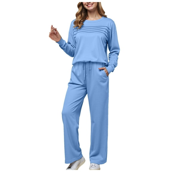 felwors Two Piece Sets for Women Fall Travel Vacation Outfits Long Sleeve Lounge Sets Side Slit Wide Leg Pants S-3XL Blue, XXL