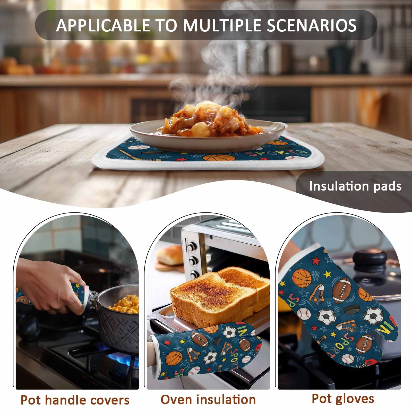 Oven Mitts and Pot Holder Set for Kitchen, Sports Balls Kitchen Oven Gloves Heat Resistance Non-Slip Surface Basketball Football Baseball Rugby Ice Hockey Hot Pads Sets for Cooking Baking BBQ
