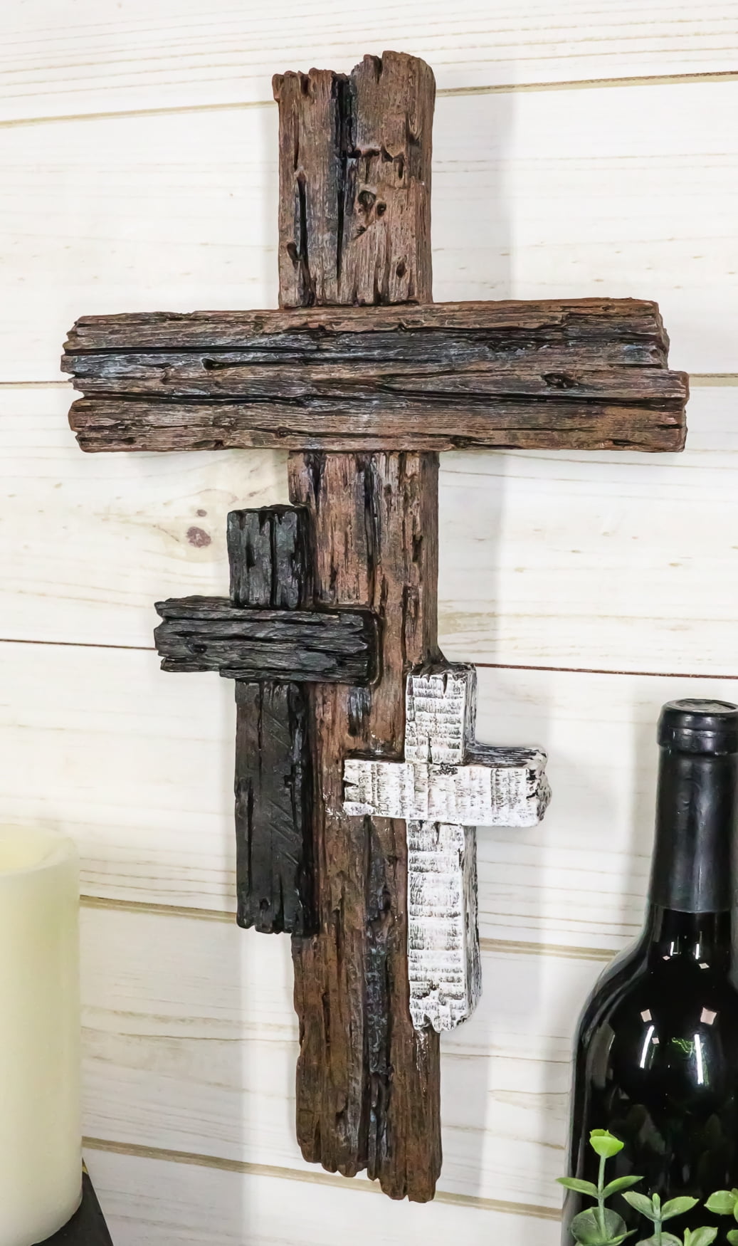 Ebros Rustic 3 Tone Faux Wood Walnut Birch Driftwood Color Wall Cross 16" Tall