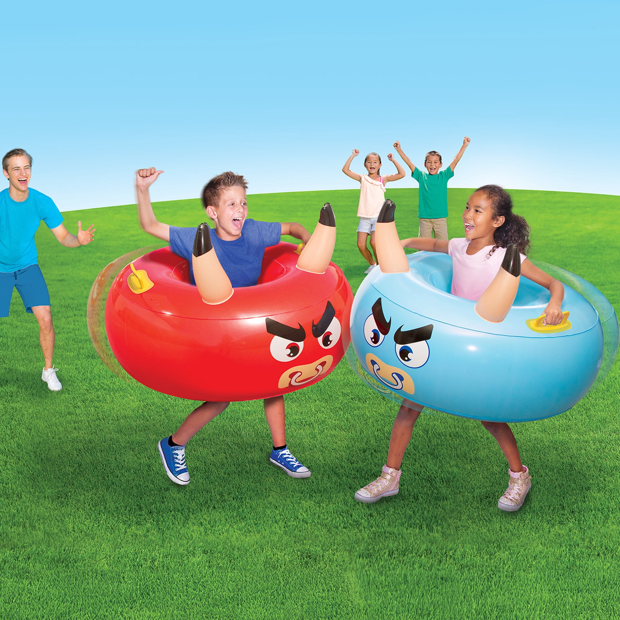 Banzai: Bump ‘N Bull Battle Set - Red & Blue, 2 Inflatable Body Bumper Toys, 37" Animal Ring Boppers, Bouncer Grip Handles, Outdoor Game Play, Kids 4+