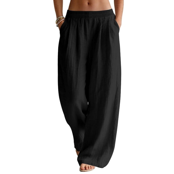 LWavelet Linen Pants Women Wide Leg Summer Flowy Pants Beach Vacation Clothes Elastic Waist Travel Trousers with Pockets Black M