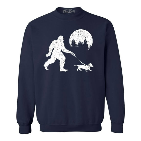 Shop4Ever Men's Bigfoot Walking Wiener Dog Funny Sasquatch Dachshund Crewneck Sweatshirt Large Navy