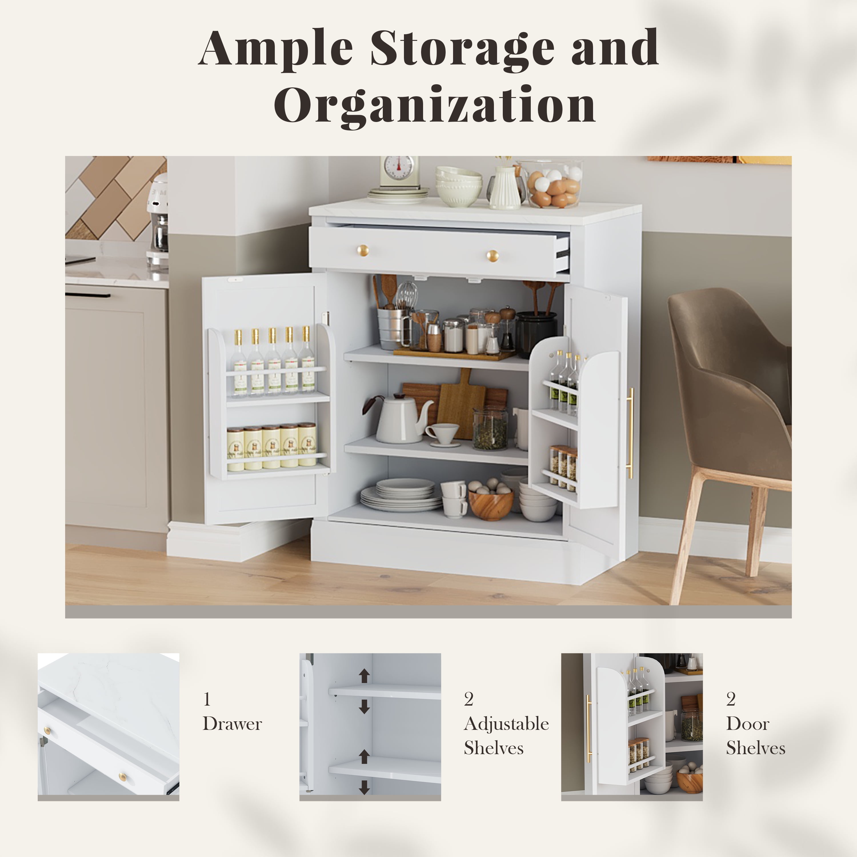 Euroco Modern Freestanding Kitchen Pantry,Buffet Food Storage, Coffee Bar Cabinet with Drawer, 2 Adjustable Shelves and 2 Door Shelves for Dining, Kitchen,White