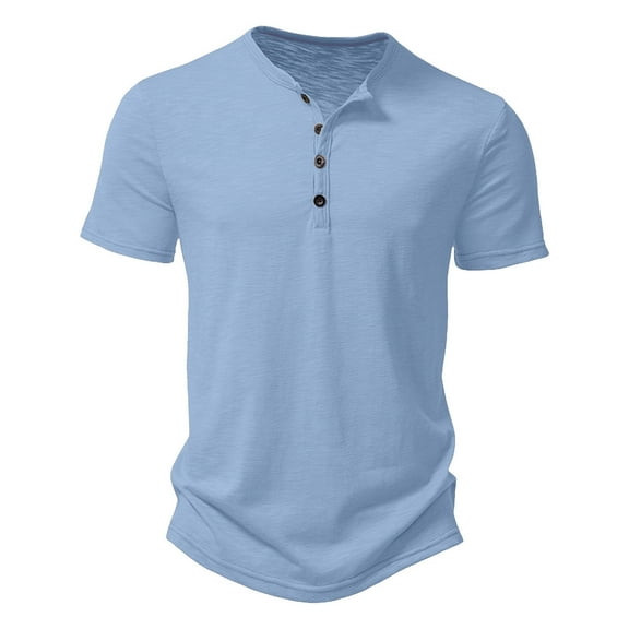 MIXUE Shirts For Men Summer Solid Color Round Neck Button Short Sleeve Casual Basic Pullover Tops Tshirts Streetwear,Blue,XL