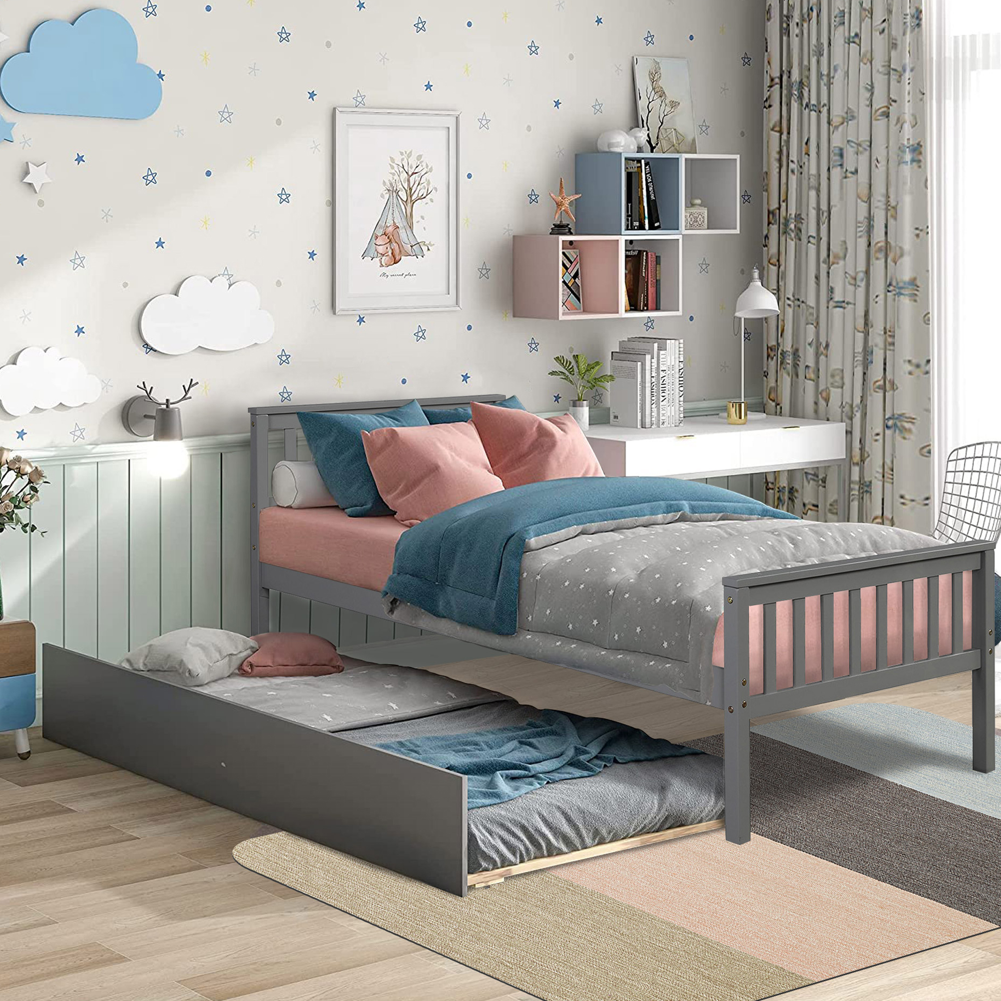 SYNGAR Twin Bed with Trundle, Platform Bed Frame Trundle Bed with