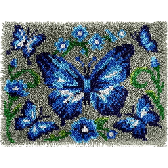 Blue Butterfly Latch Hook Rug Kits for Adults Beginners, Pre-printed Canvas Carpet Making Set for Wall Hanging Home Decor 20x15 Inch