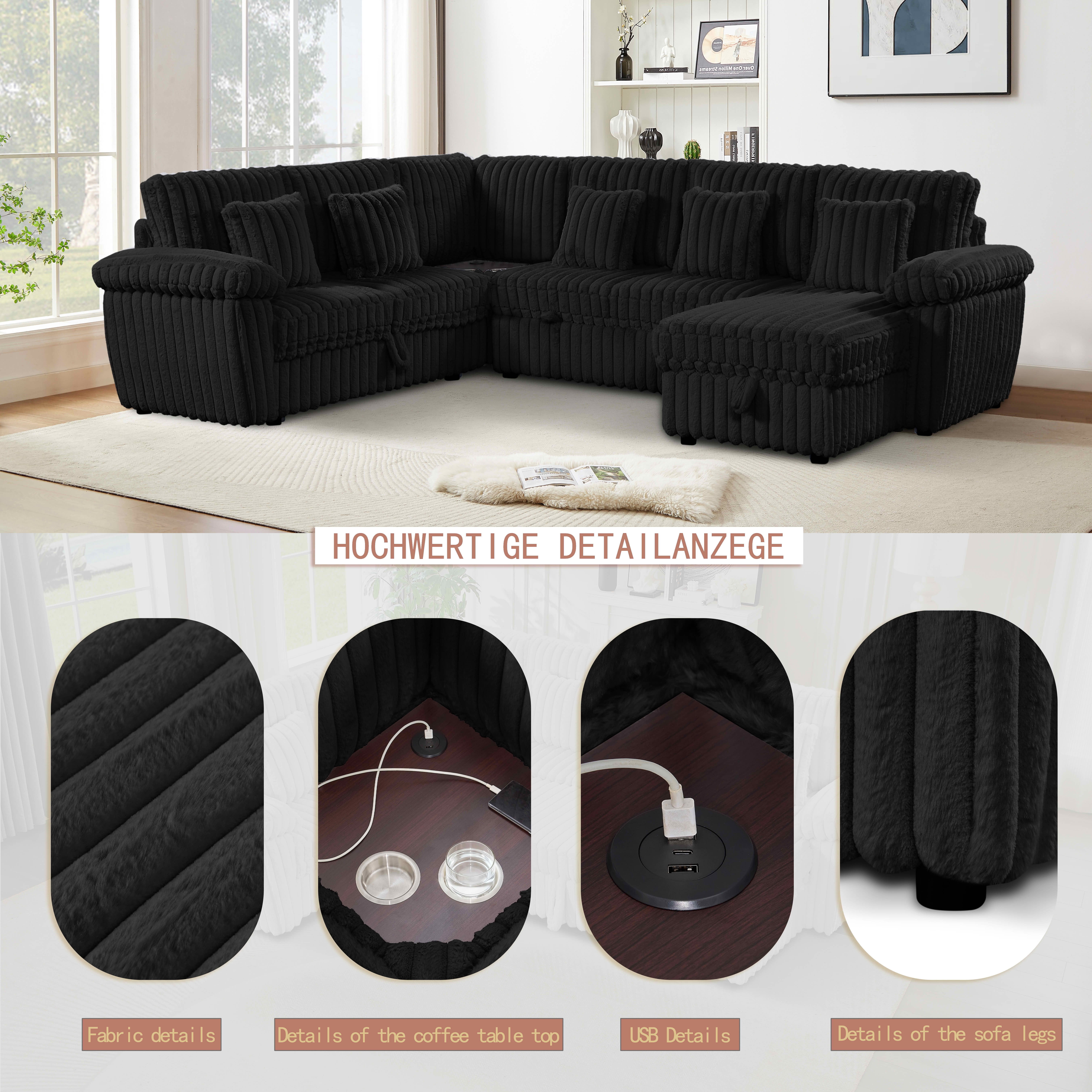 MAYEERTY 103-Inch Black Corduroy U-Shape 7-Seat Pull-Out Sofa Bed, Super Soft Modular Sectional with Storage, USB Ports & Built-In Coffee Table for Living Room