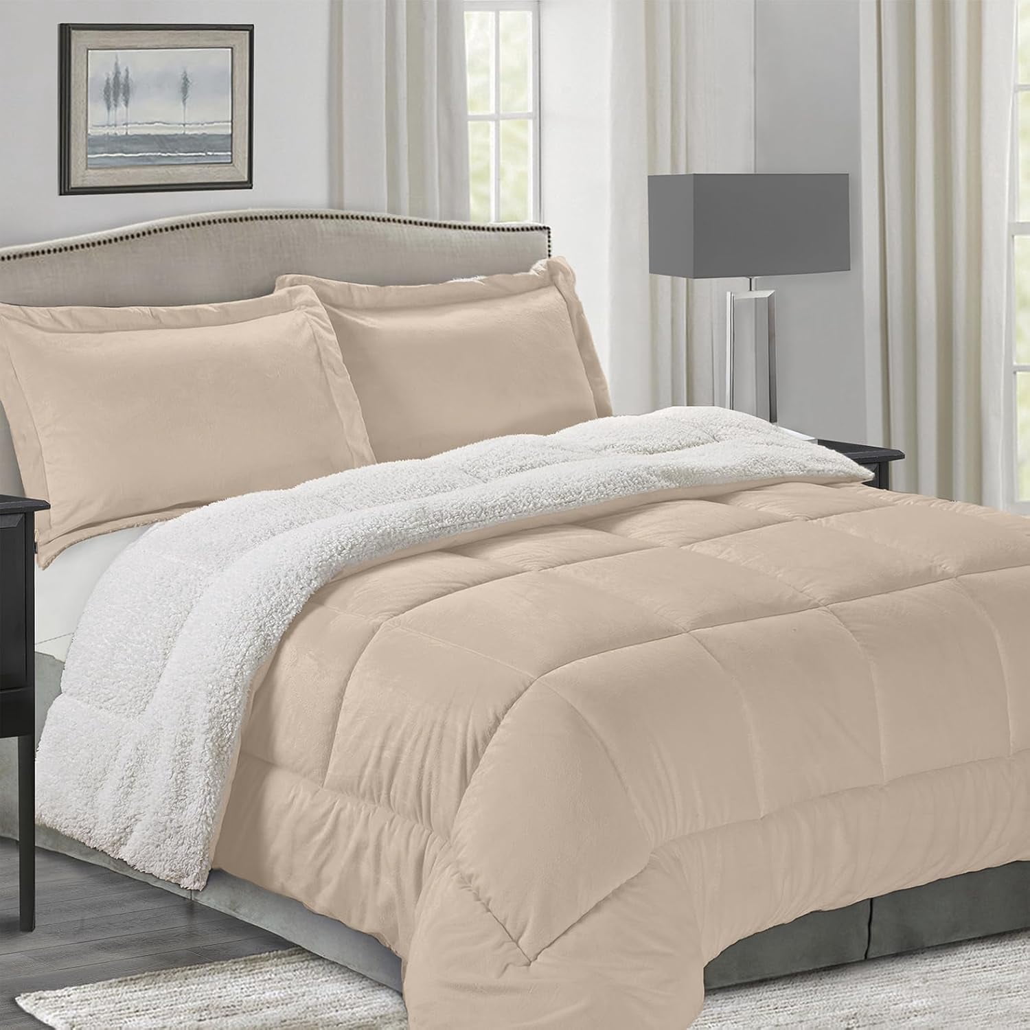 Elegant Comfort 1500 Thread Count 3 Pieces Comforter Set Full, Beige Plaid