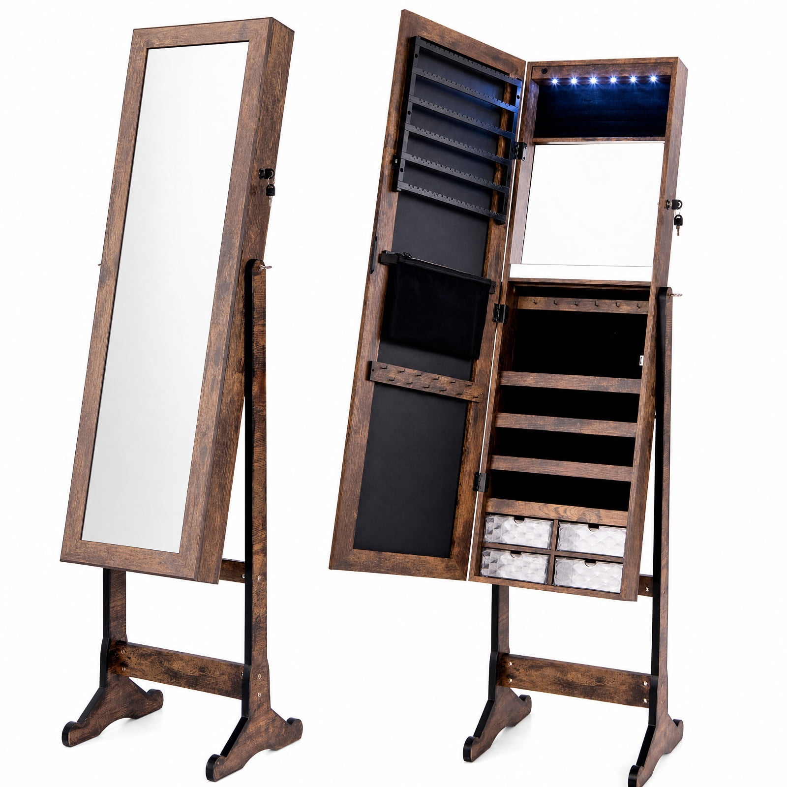 Furnibear Free Standing Full Length Jewelry Armoire with Lights for Bedroom Dressing Room Jewelry Necklace Rings Storage Mirror, Rustic Brown