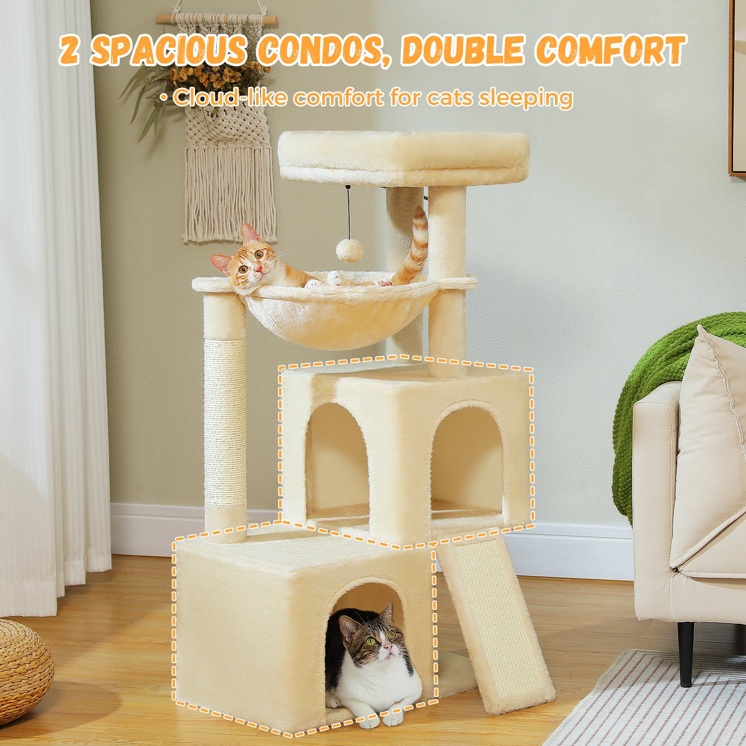 Pefilos 41" Multi-Level Cat Tree Tower with 2 Condos for Indoor Cats, Cat House with Hammock, Padded Perch, Scratching Pad, Beige
